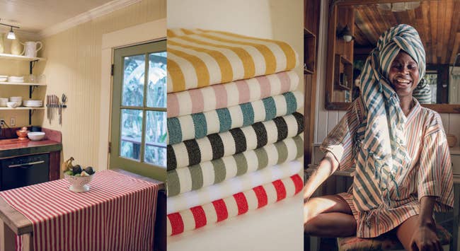Three images: Vintage kitchen table, stack of striped towels, model towel and robe