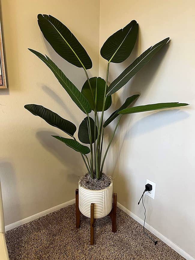 reviewer image of the faux potted plant in the corner of a living room