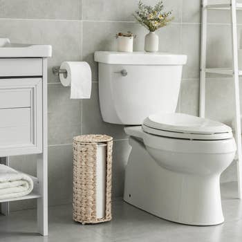 Bathroom country   with a modern   toilet, plants connected  the tank, a wicker handbasket  holding toilet paper, and towel retention  adjacent  to the vanity