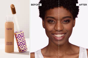 Two images of concealer and model wearing it