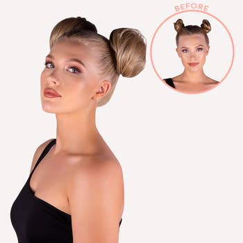 another model showing before and after using clip-in space buns