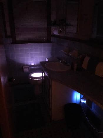 Review image of their bathroom with the lights off, showing the light in the toilet
