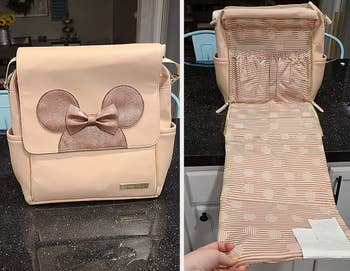 Two reviewer images of the pink Disney backpack