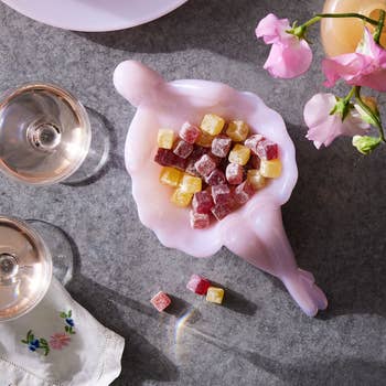 closeup of the pink dish holding candies