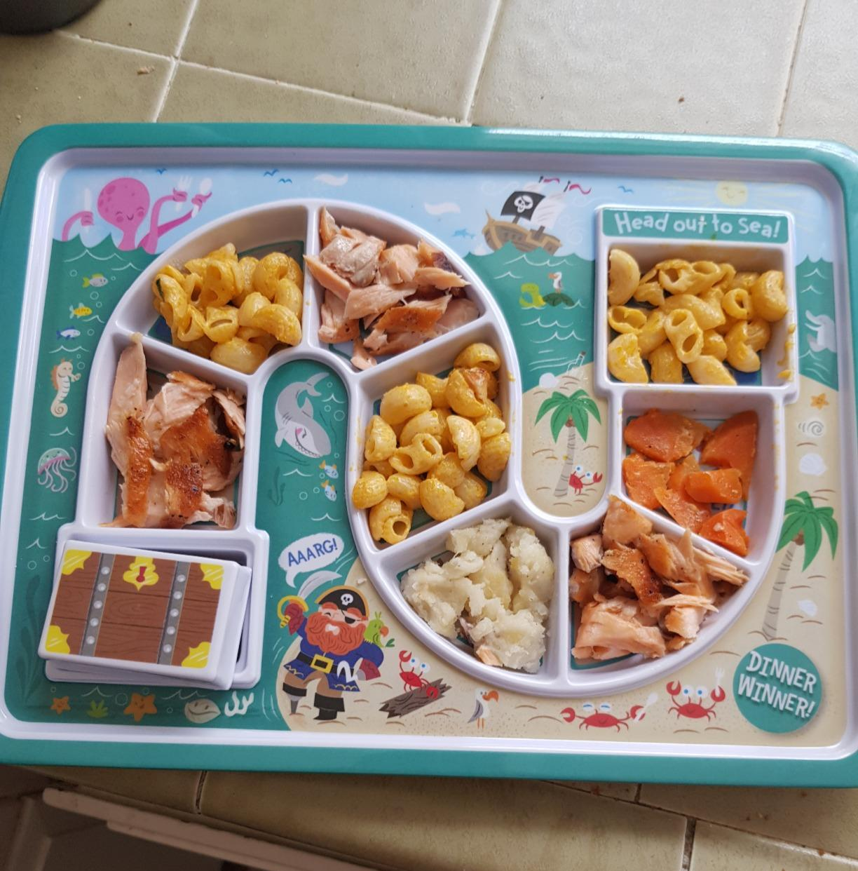 reviewer's maze plated filled with different kinds of foods