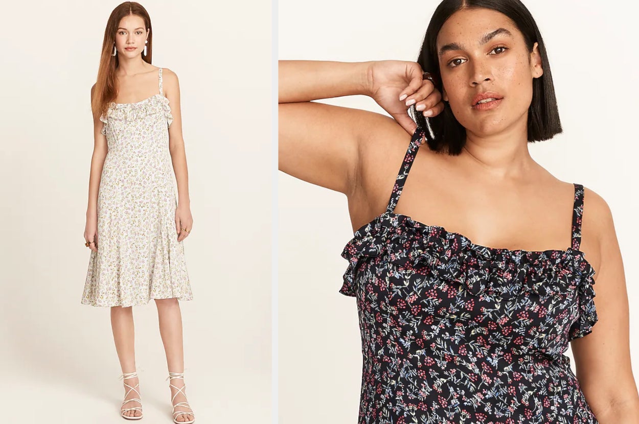 Model in a white sleeveless silk dress with a ruffled square neckline decorated with purple flowers and paired with white lace up sandals, close up of model wearing product in navy blue with red small flowers decorating it