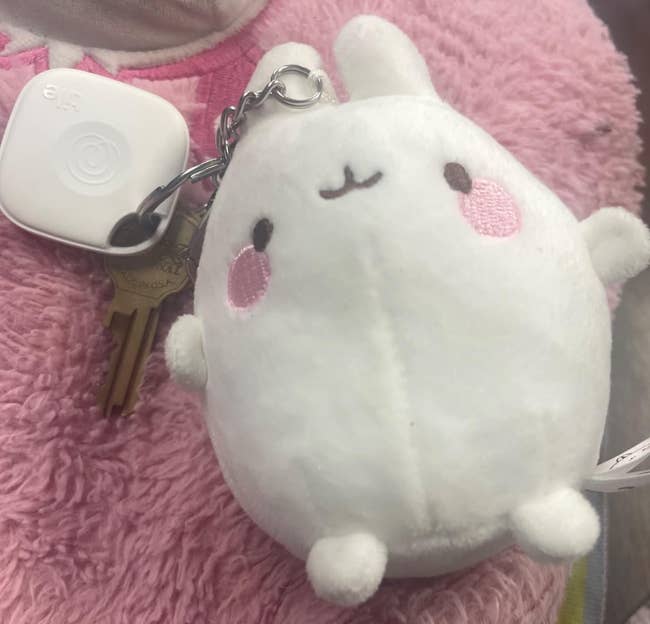 Plush keychain successful the signifier of a cute carnal with rosy cheeks, attached to a acceptable of keys with a quadrate tracking device