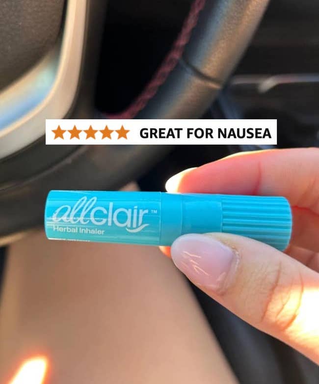 Reviewer holding an allclair herbal inhaler with 5 prima reviewer saying