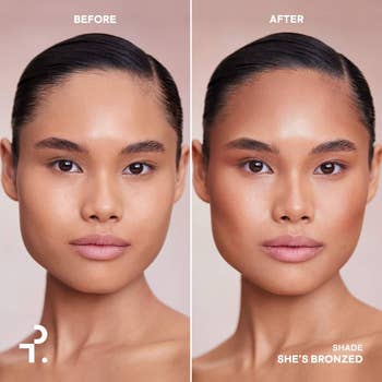 Before and after makeup comparison on a woman's face, showcasing a bronzed look with