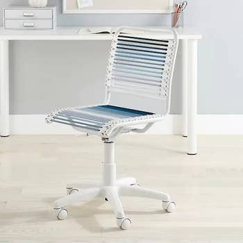 an armless bungee office chair in shades of blue 