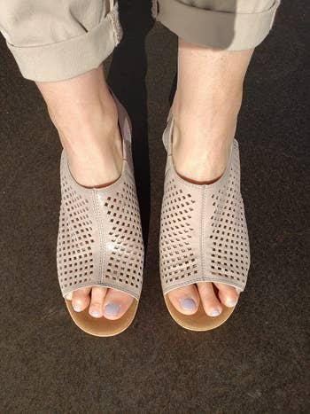 close up   of the khaki leather wedges connected  a reviewer