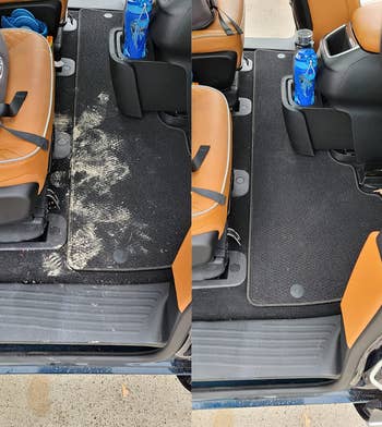 reviewer showing their car before and after using the vacuum to clean up a mess of sand