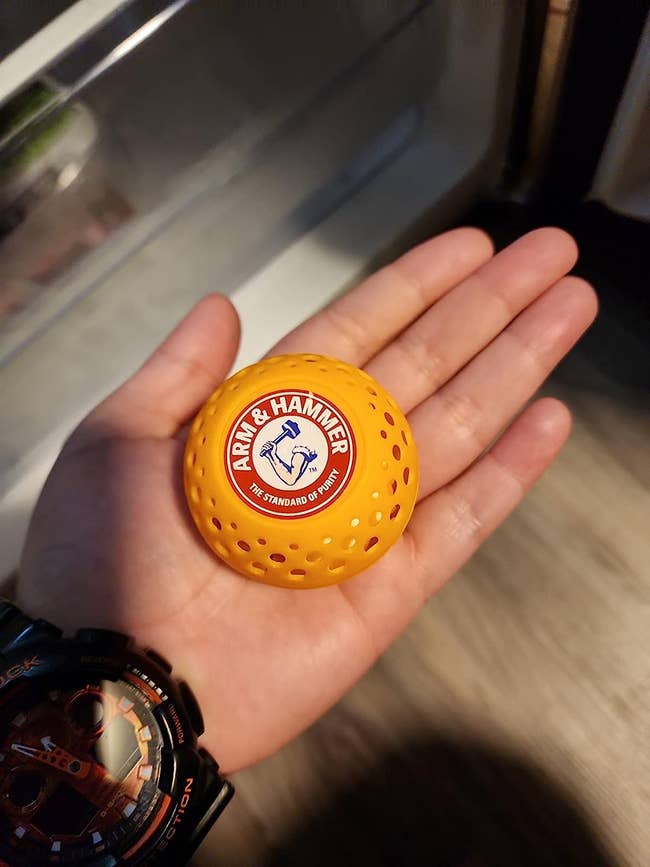 image of reviewer holding a single deodorizer ball