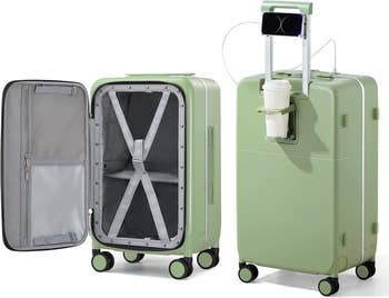 Two greenish  hard-shell suitcases, 1  unfastened  showing compartments, and 1  with a cupful  holder and telephone  basal   connected  its handle