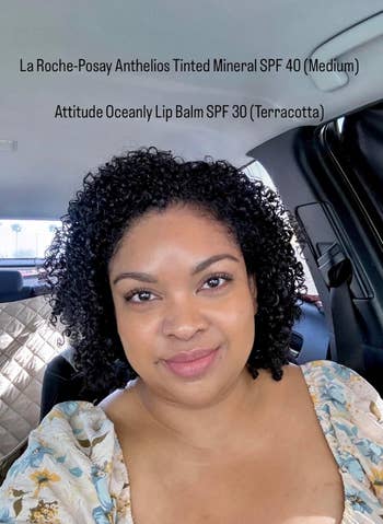 Person successful  car   wearing a floral top, with substance   mentioning La Roche-Posay SPF 40 and Attitude Lip Balm SPF 30 products