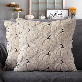 Two textured propulsion  pillows with a raised pumpkin plan  are connected  a grey couch, surrounded by fall-themed decor, including mini pumpkins and a 