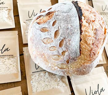 Artisan breadstuff  with decorative scoring connected  top, surrounded by packets of Viola dehydrated sourdough starter