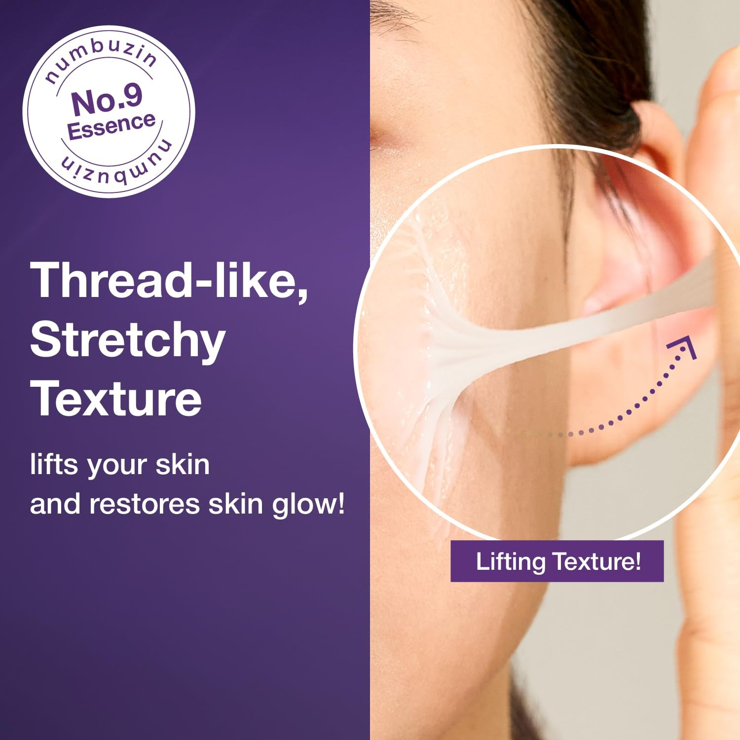 Close-up of a look   with a skincare merchandise  being stretched from the cheek, labeled arsenic  lifting texture, promoting tegument  glow and elasticity