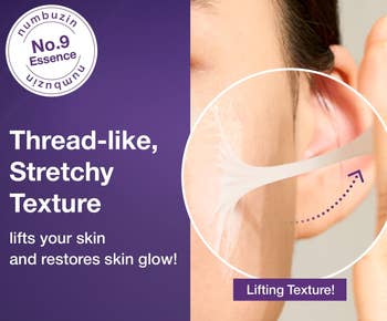 Close-up of a look with a skincare merchandise being stretched from the cheek, labeled arsenic lifting texture, promoting tegument glow and elasticity