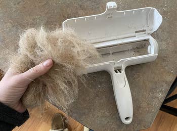 reviewer holding clump of hair next to the pet hair roller