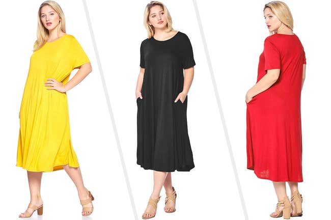 Three images of model wearing yellow, black, and red dresses