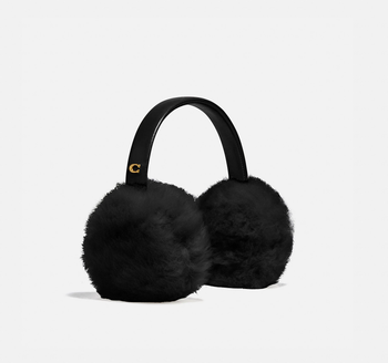 a pair of earmuffs with a black leather strap and black fluffy ear covers