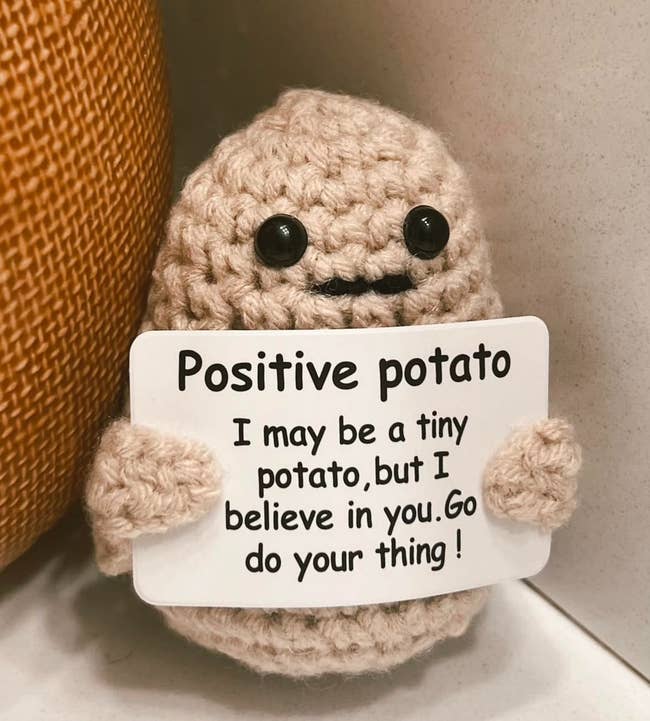 A reviewer's positive potato holding a sign that says 