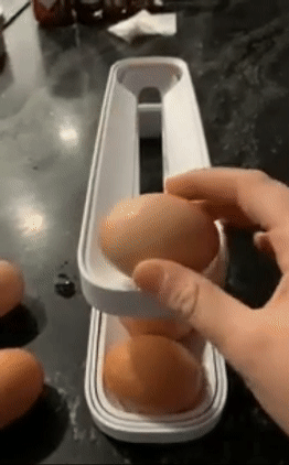 reviewer placing an egg in the dispenser, which rolls it down and slides it into the bottom tier 