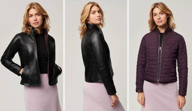 Three images of a model wearing the reversible leather jacket