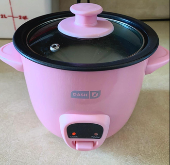 a small pink rice cooker on a counter