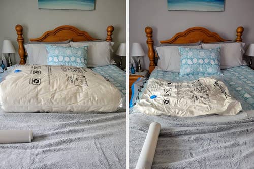 A reviewer's bag stuffed and thick before and after significantly smaller 