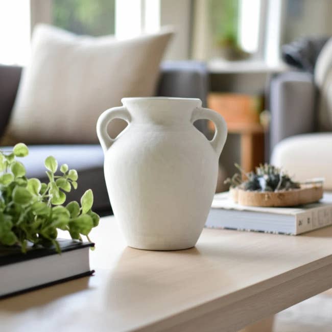 A large white ceramic vase with handles sits on a wooden coffee table, surrounded by books and a small plant, in a modern living room