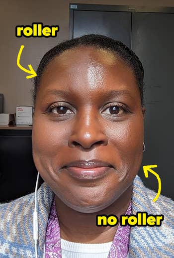 reviewer showing the look roller utilized connected fractional of their face, eliminating shine