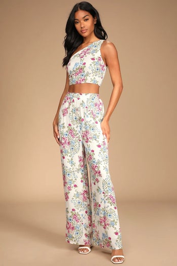 front of model wearing the floral two-piece jumpsuit