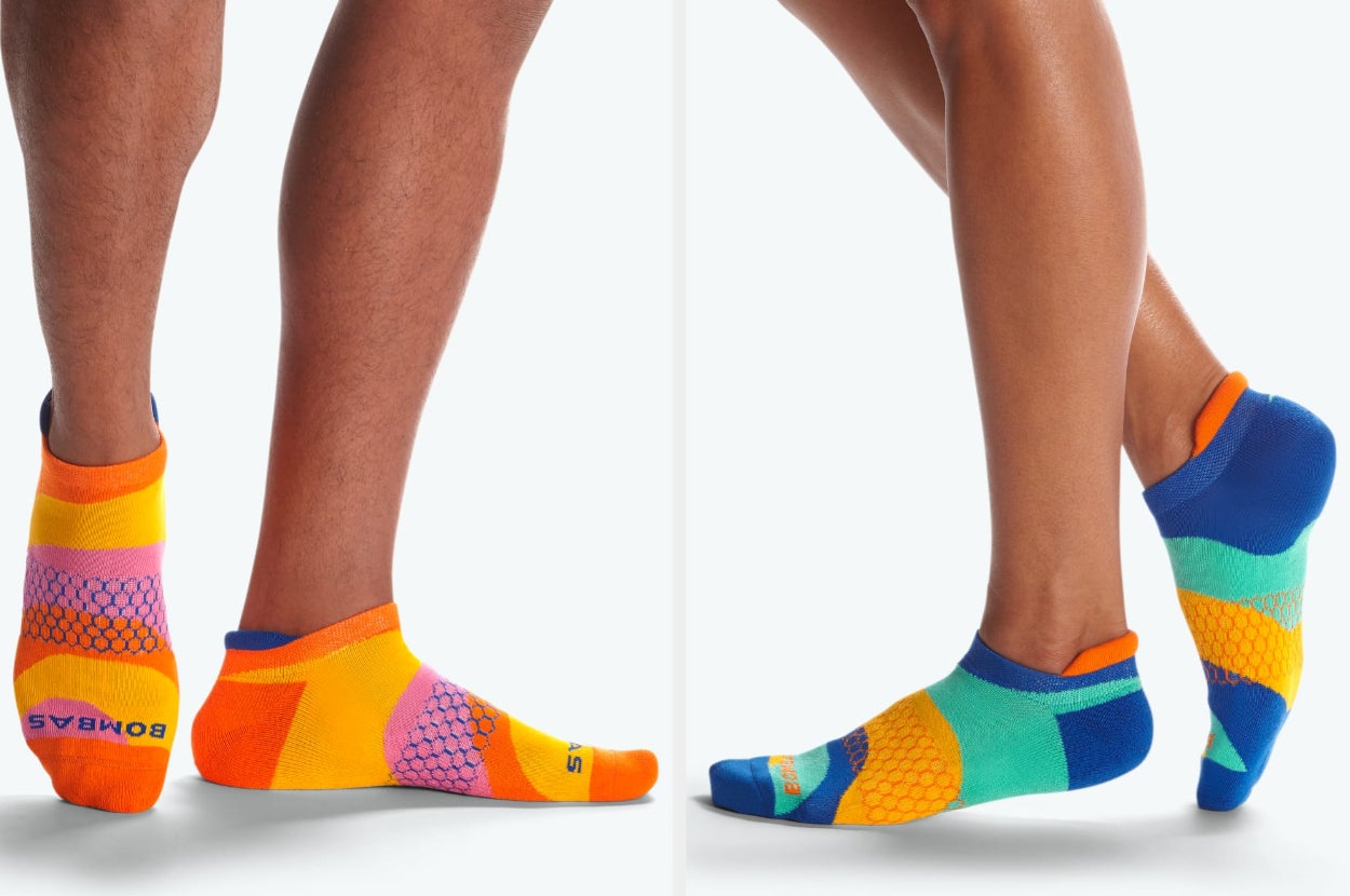 Two images of a model wearing orange and blue socks