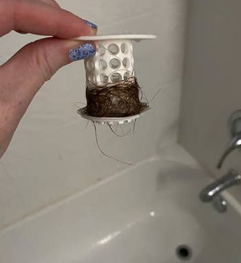 A reviewer's hair catcher with hair from the drain wrapped around it