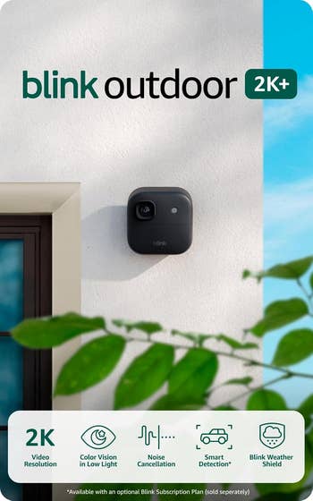 Blink Outdoor 2K+ information camera mounted outside, features see 2K video, colour nighttime vision, sound cancellation, astute detection, upwind shield