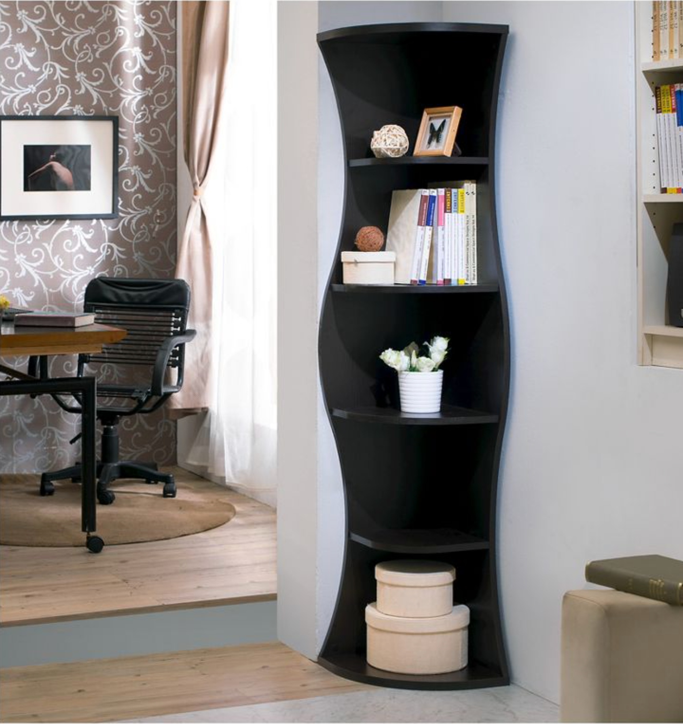 Corner deals black bookshelf