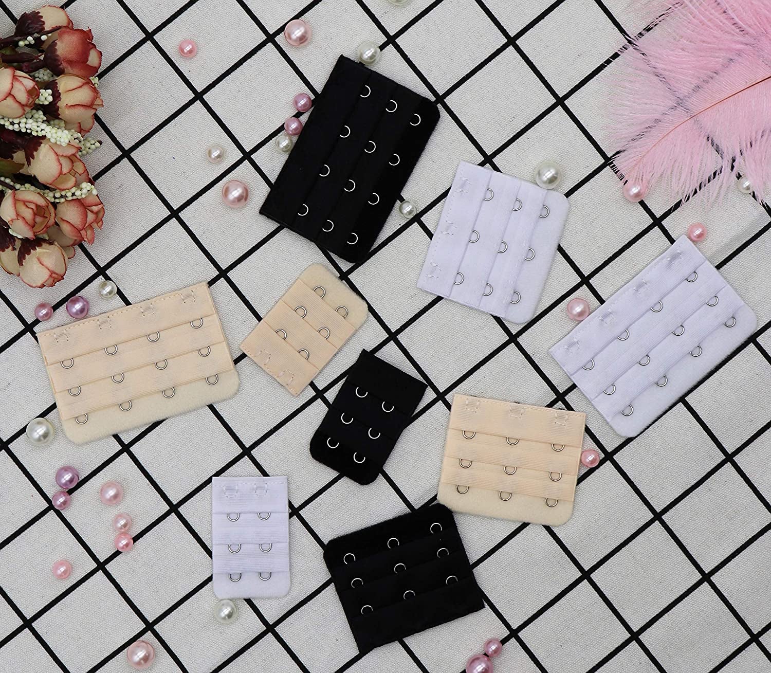 a collection of bra brand extenders in tan, black, and white