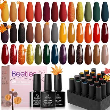 the Beetles Cozy Campfire collection with the gel nail polish, base, glossy, and matte top coats