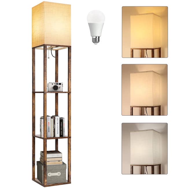 Floor lamp with shelves, showcasing a camera, books, and retention box; includes a bulb and 3 lighting options