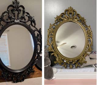 left: reviewer photo of old mirror with nearly black filigree frame / right: reviewer after photo of it looking new with the pure gold spray