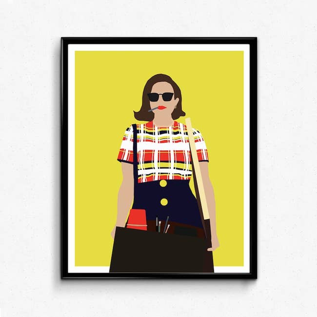 print of silhouette of peggy with her desk packed up strutting down the hall with her sunglasses and cigarette on a yellow background