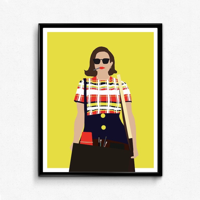 print of silhouette of peggy with her desk packed up strutting down the hall with her sunglasses and cigarette on a yellow background