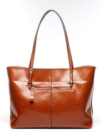 Leather tote bag with top handles and front zipper