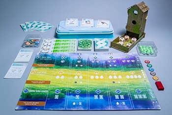 the content of the game including game boards, cards, dice, a dice tower, and tokens 