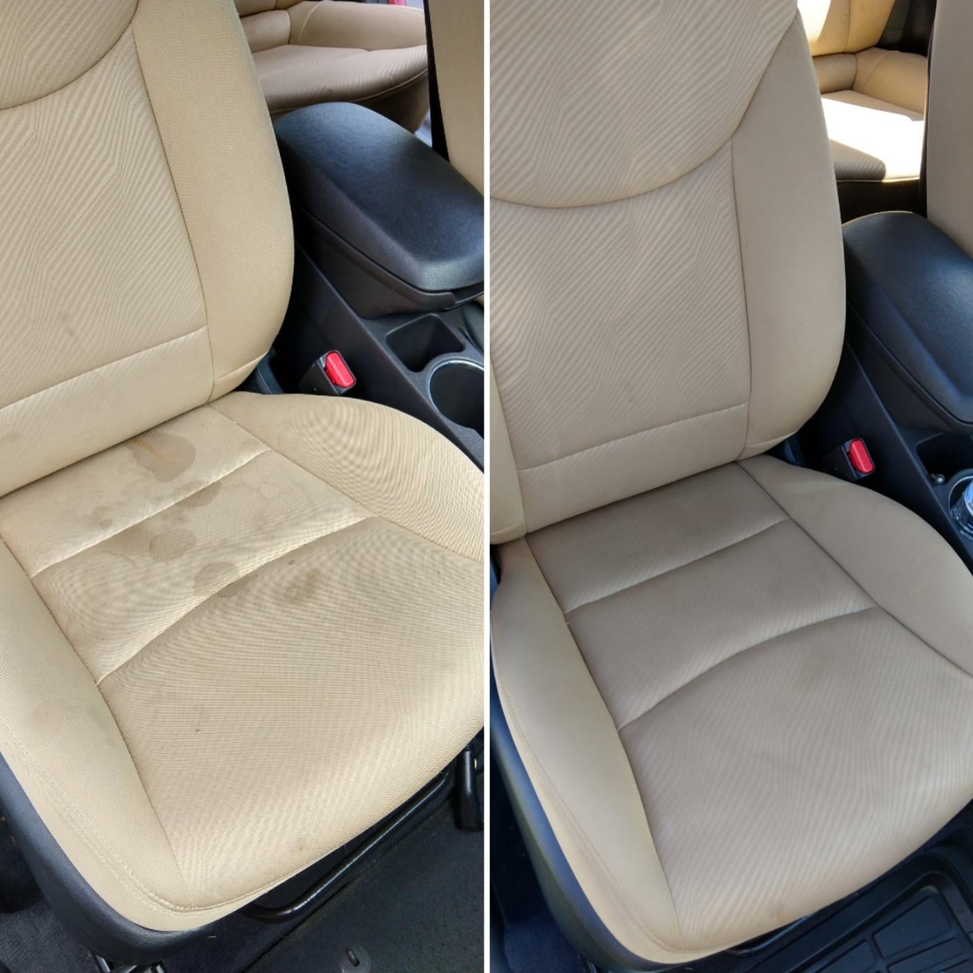 reviewer before and after photos showing a stained car seat, and then the car seat looking clean