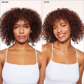 a model with curly frizzy hair before the spray, then after with more defined curls and reduced frizz