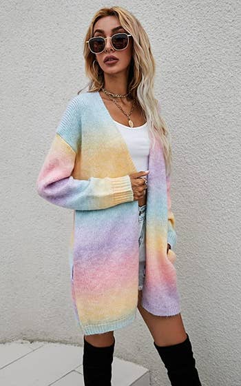 model wearing the pastel rainbow colored cardigan