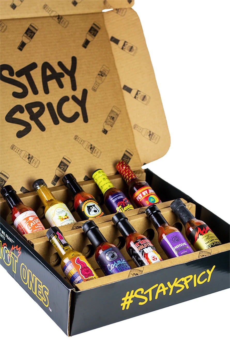 the hot sauce box set filled with ten hot sauce bottles
